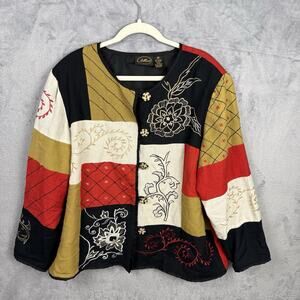 Vtg Allure Patchwork Blazer Jacket 1X Boho Peasant Embroidered Cotton Flax Blend